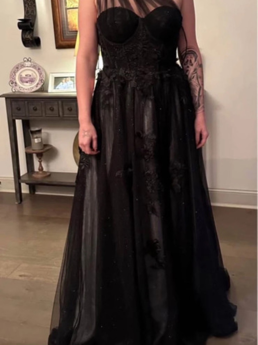 Black Strapless Tulle Prom Gown with Sheer Yoke